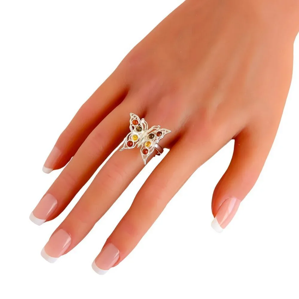 Baltic Amber Colorful Butterfly Ring in 925 Sterling Silver